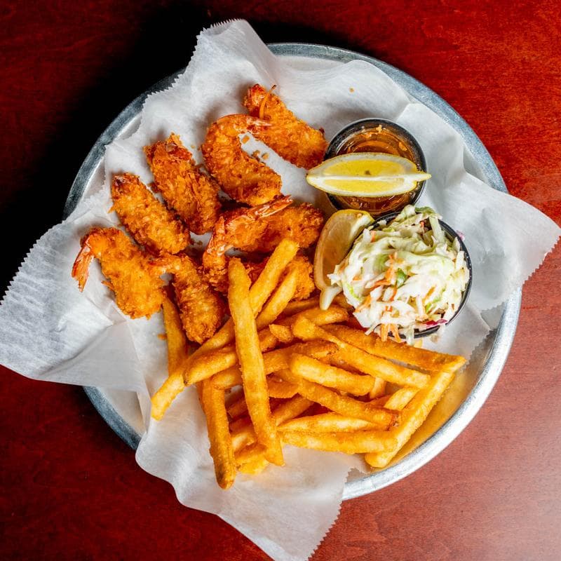 Coconut shrimp with coleslaw and fries